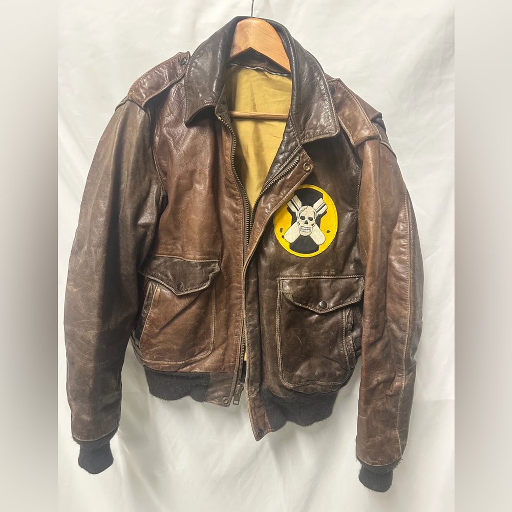 Vintage Schott NYC Brown Leather Jacket with WW2 Skull Patch Size 42 send offers